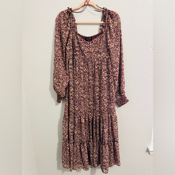 By The River Floral‎ Burgundy Ruffle Accent Midi Dress Size Medium - Picture 5 of 12
